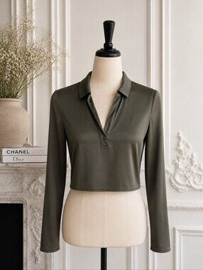 Zara Olive Green Satin Cropped Blouse | Long Sleeve Collared Top | Size S